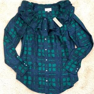 J.Crew Collection silk twill ruffle- collar top plaid